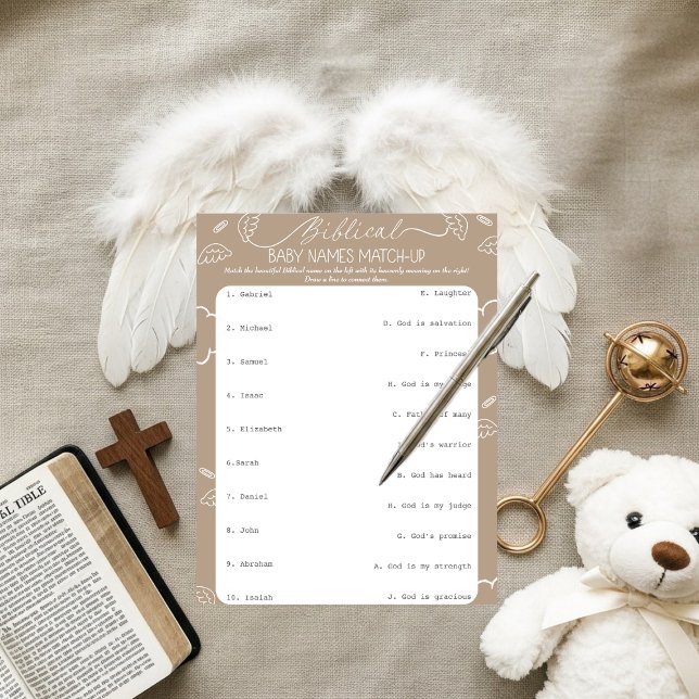 Himmliska Beige Bibliska Babynamn Matchning Inbjudningar (Heavenly Beige Biblical Baby Names Match-Up)