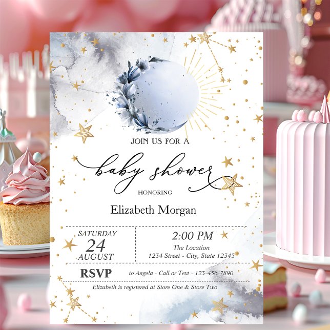 Himmlsk sol,Blå måne,Baby shower med stjärnor  Inbjudningar (Skapare uppladdad)