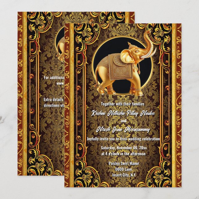 Hindi Hindu black guld red indian elephant elegant Inbjudningar (Fram/baksida)