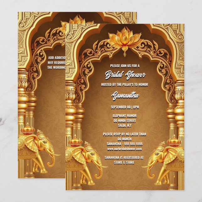 Hindi Hindu guld elephants lotus blomasian Inbjudningar (Fram/baksida)