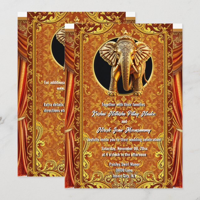 Hindi Hindu orange guld indian elephant luxurious Inbjudningar (Fram/baksida)