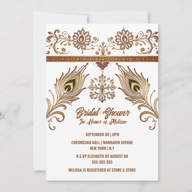 Hindi Mehndi Indian lotus peacock-fjädrar möhippa Inbjudningar (Framsida)