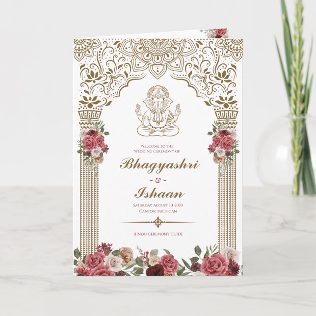 Hindu Bröllop Ceremony (Guld Red Rosa) Foldad Program (Framsida)