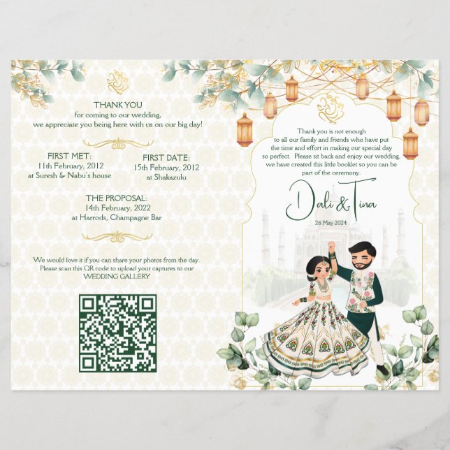 Hindu bröllop ritualprogram grönt guld reklamblad (Framsidan)