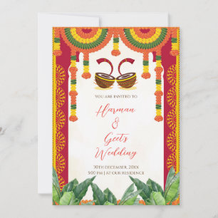 Hindu bröllopsinbjudan   Dhol-trumma Marigold-kort Inbjudningar