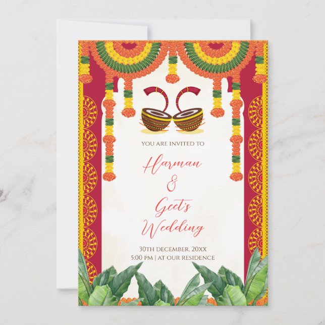 Hindu bröllopsinbjudan | Dhol-trumma Marigold-kort Inbjudningar (Framsida)