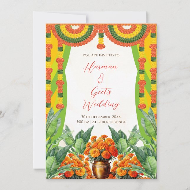 Hindu bröllopsinbjudan | Ringblomma Garland Blommi Inbjudningar (Framsida)