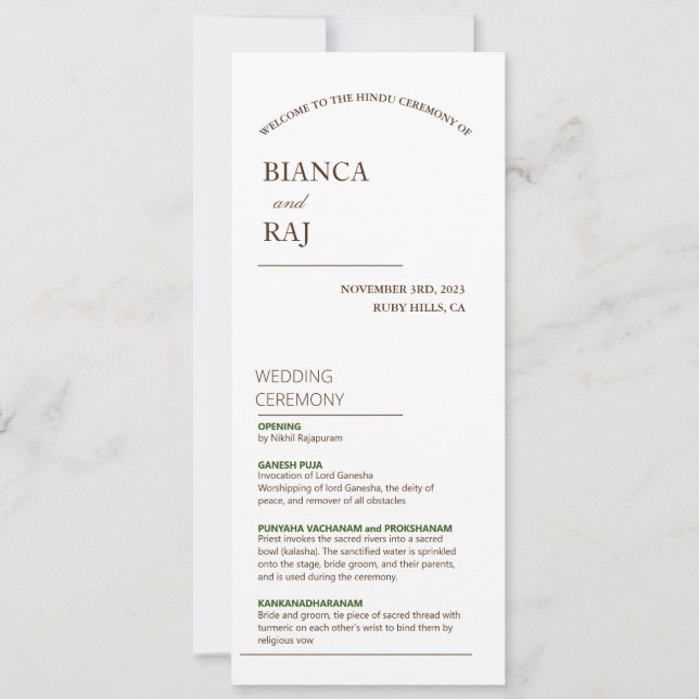 HINDU CEREMONY BRÖLLOPSPROGRAM (Framsida)