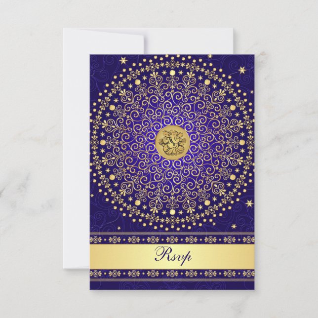 Hindu Ganesh Blå Guld Rullar Bröllop RSVP-kort OSA Kort (Framsida)