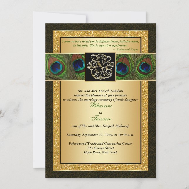 Hindu Ganesh Black, Guld Peacock Bröllop Bjud Inbjudningar (Framsida)