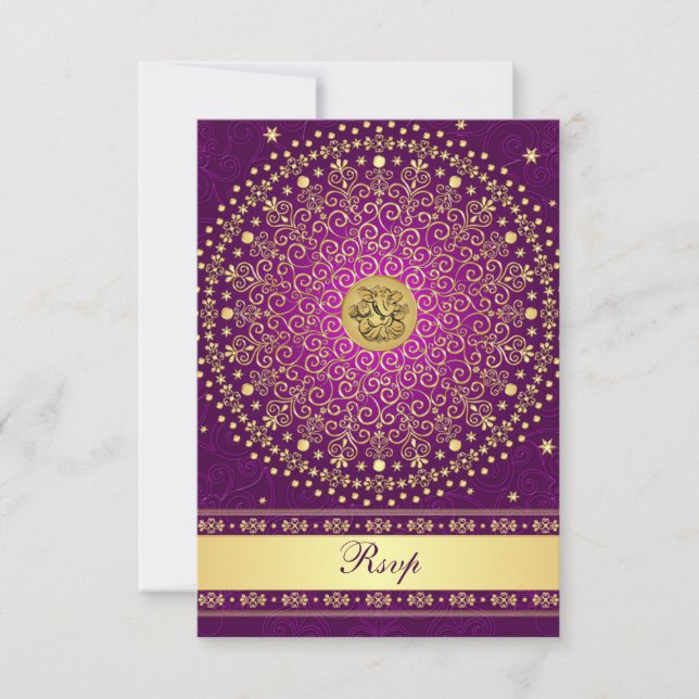 Hindu Ganesh Lila Guld Scrolls Bröllops-Svarskort Inbjudningar (Framsida)