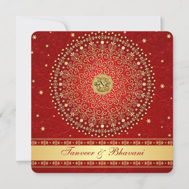 Hindu Ganesh Röd, Guld Scrolls Förlovningsinbjudan Inbjudningar (Framsida)