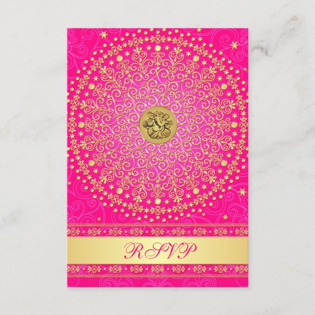 Hindu Ganesh Rosa, Guld Scrolls Bröllops RSVP-kort OSA Kort (Framsida)