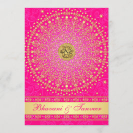 Hindu Ganesh Rosa, Guld Scrolls Bröllopsinbjudan 2 Inbjudningar