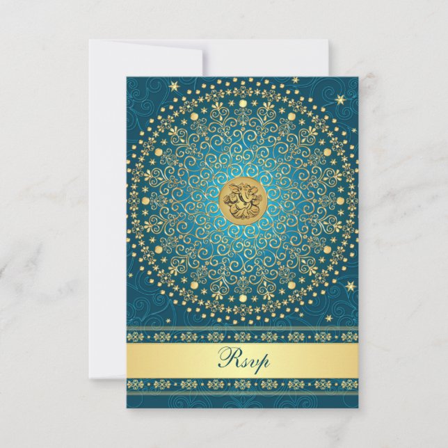 Hindu Ganesh Teal Guld Rullande Bröllops-Svarskort OSA Kort (Framsida)