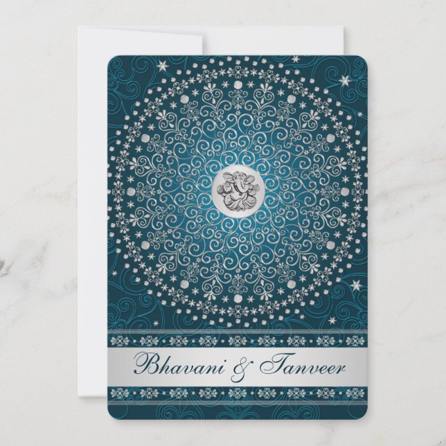 Hindu Ganesh Teal, Scrolls Silver Bröllbjudan 2 Inbjudningar (Framsida)
