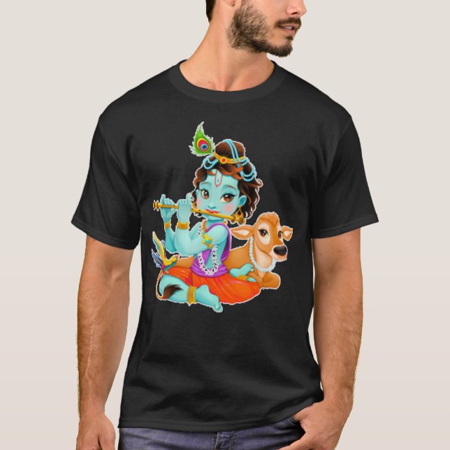 Hindu god Lord Shri Krishna with cow and bird T Shirt (Framsida)