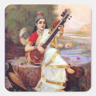 Hindu Goddess Saraswati Fyrkantigt Klistermärke