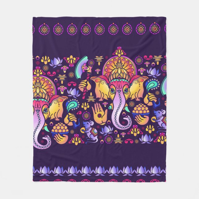 Hindu Gud Ganesha och indiska symboler i remsskena Fleecefilt (Framsidan)