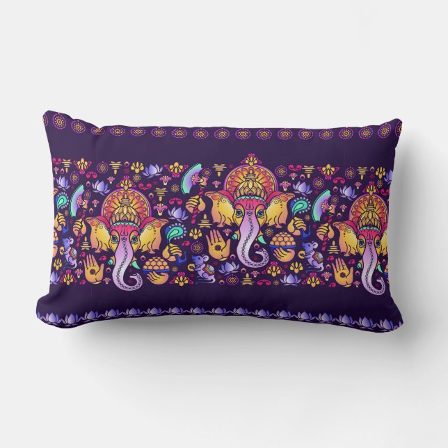 Hindu Gud Ganesha och indiska symboler i remsskena Lumbarkudde (Framsida)