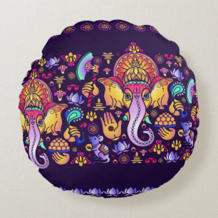 Hindu Gud Ganesha och indiska symboler i remsskena Rund Kudde