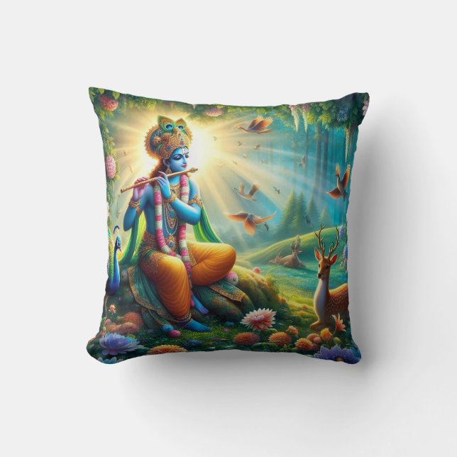 Hindu Gud Krishna Pillow med Om Design på baksidan Kudde (Framsida)