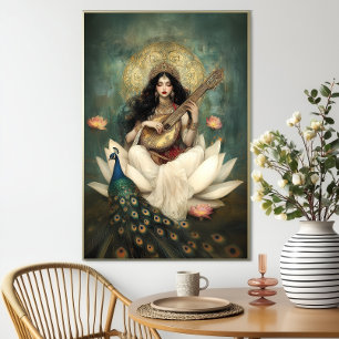 Hindu-gudinnan Saraswati: Påfågel Veena Lotus Poster