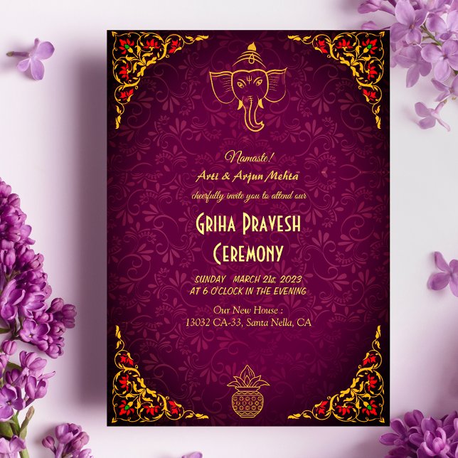 Hindu House Warm Griha Pravesh Golden Maroon Inbjudningar (Skapare uppladdad)