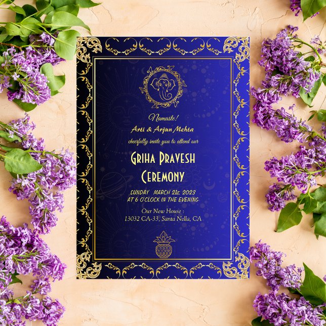 Hindu House Warming Griha Pravesh Golden Blue Inbjudningar (Skapare uppladdad)