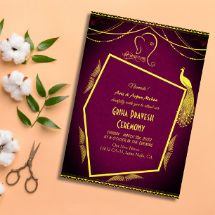 Hindu House Warming Griha Pravesh Golden Peacock Inbjudningar