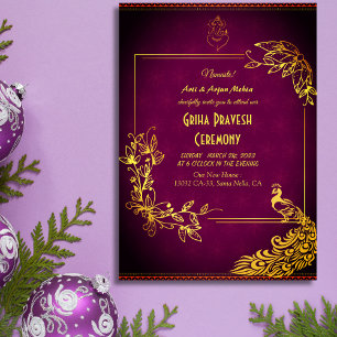 Hindu House Warming Griha Pravesh Golden Peacock Inbjudningar