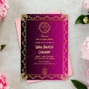 Hindu House Warming Griha Pravesh Golden Rosa Inbjudningar