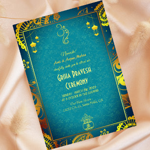 Hindu House Warming Griha Pravesh Golden Teal Inbjudningar