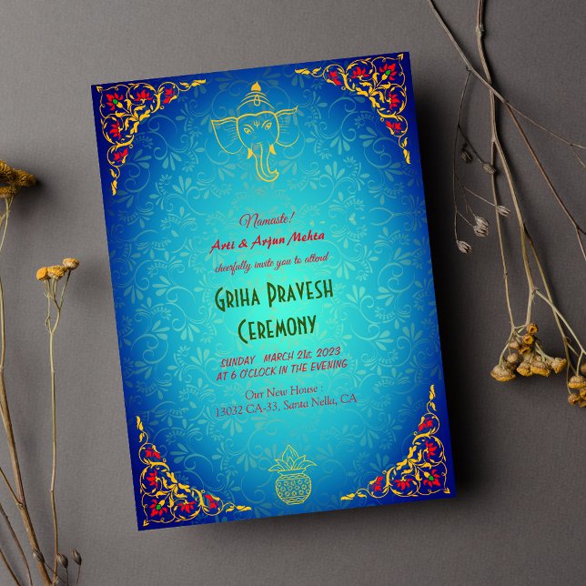 Hindu hus invigning Griha Pravesh Guld Blå Inbjudningar (Skapare uppladdad)