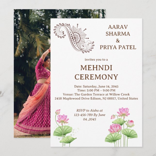 Hindu Indisk Mehndi-ceremoni före bröllopet Inbjudningar (Fram/baksida)