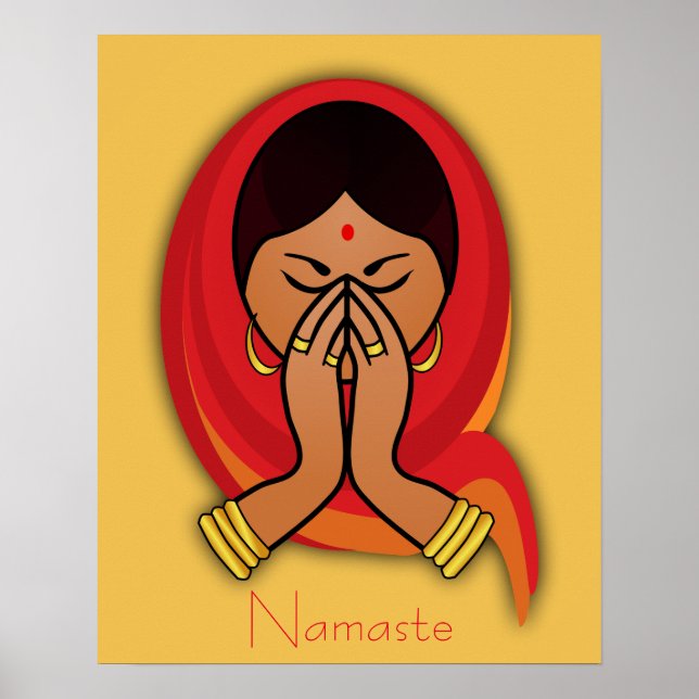 Hindu Woman med Head Scarf i Namaste Hälsning Poster (Framsidan)