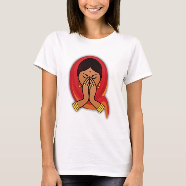 Hindu Woman med Head Scarf i Namaste Hälsning T-shirt (Framsida)