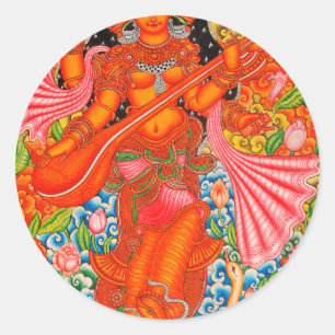 HINDUISK GUDINNA FÖR SARASWATI AV ATT LÄRA TANJO RUNT KLISTERMÄRKE