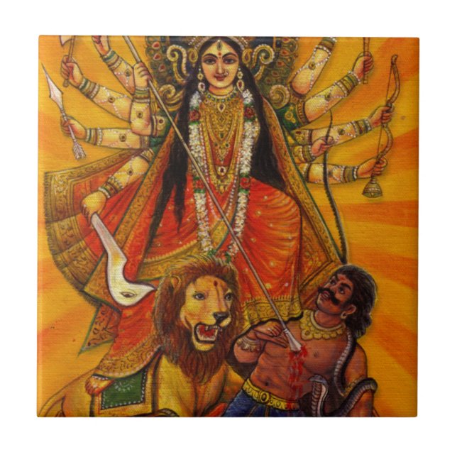 HINDUISK SEGER FÖR GUDINNA DURGA ÖVER ONDSKA KAKELPLATTA (Framsidan)