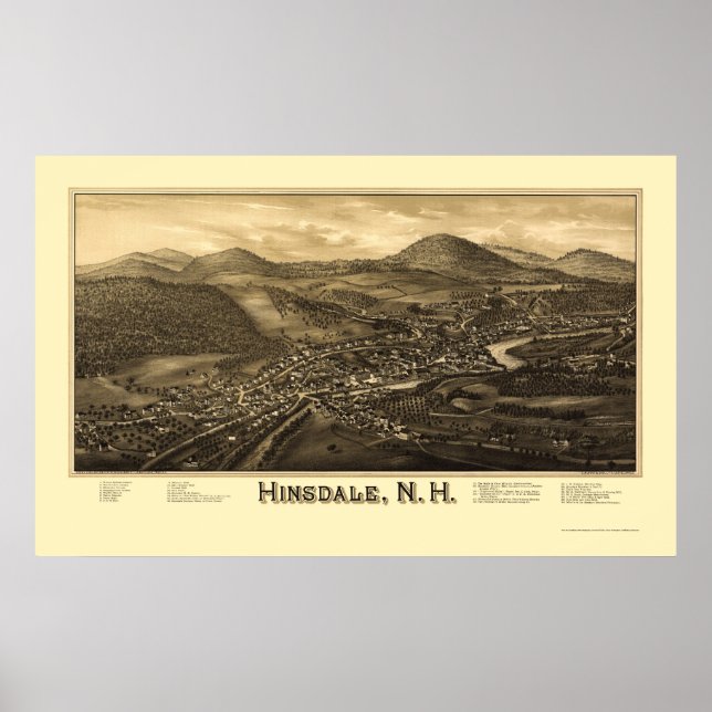 Hinsdale, NH Panoramic Karta - 1886 Poster (Framsidan)