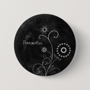 Hip Black and White Foral Chalkboard med Namn Knapp