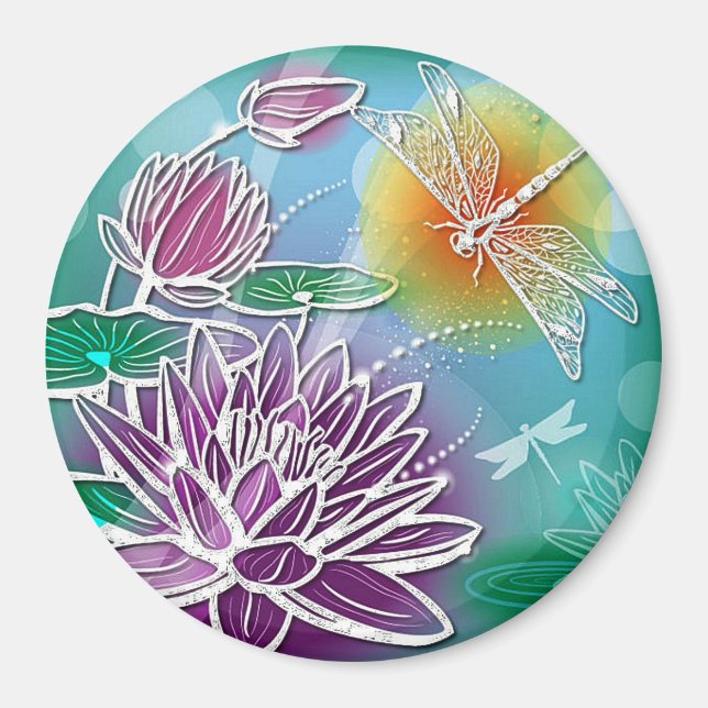 Hip Dragonfly Söt Modern Summer Blommigt Art Magnet (Framsidan)