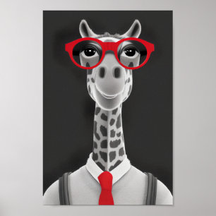 Hip Giraffe Pencil Teckning Red Necktie Wall Art Poster