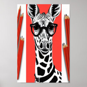 Hip Giraffe Pencil Teckning, Rödblyerts bakgrund Poster