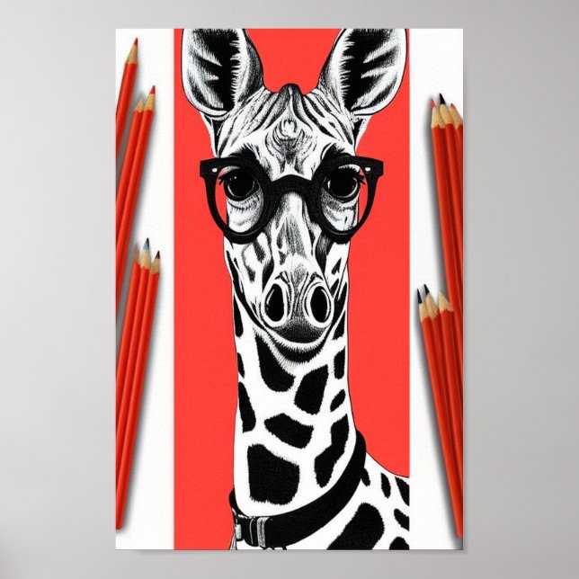 Hip Giraffe Pencil Teckning, Rödblyerts bakgrund Poster (Framsidan)