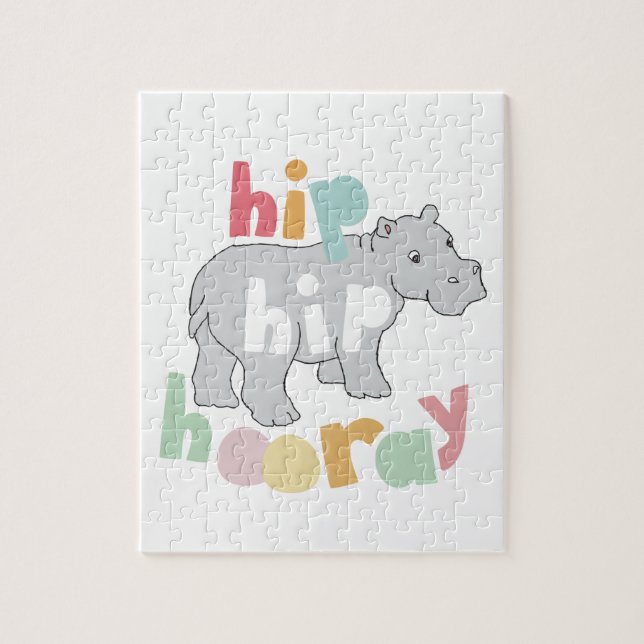 Hip Hip Hooray Grått Hippo Teckning Cute Animal Ar Pussel (Vertikal)