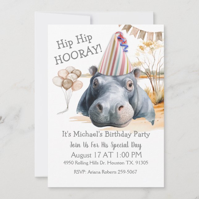 Hip Hip Hooray Hippo Birthday Inbjudningar (Framsida)