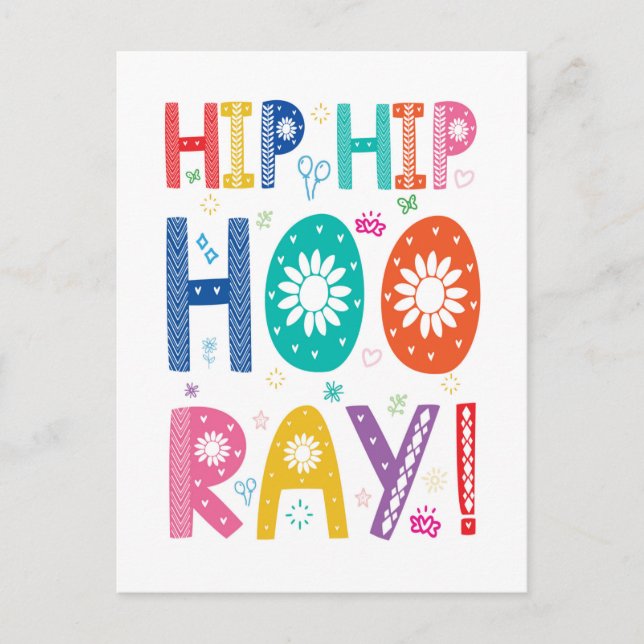 Hip Hip Hurra Grattis med dekorativ typsnitt Vykort (Framsida)