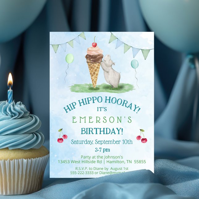 Hip Hippo Hooray Födelsedagsfest inbjudan (Hip Hippo Hooray Birthday Party Invitation with cherries and Balloons)