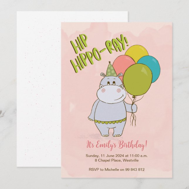 Hip Hippo-Ray Barns födelsedag-inbjudan Inbjudningar (Fram/baksida)